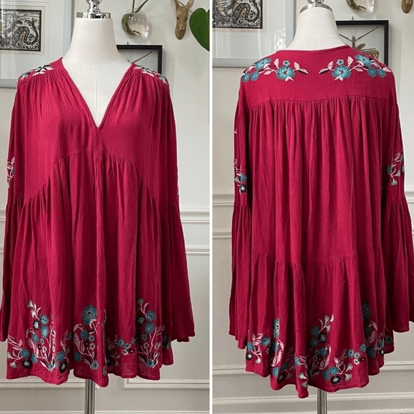 Free People Te Amo Red Embroidered Babydoll Mini Dress Sz Large - Picture 4 of 15
